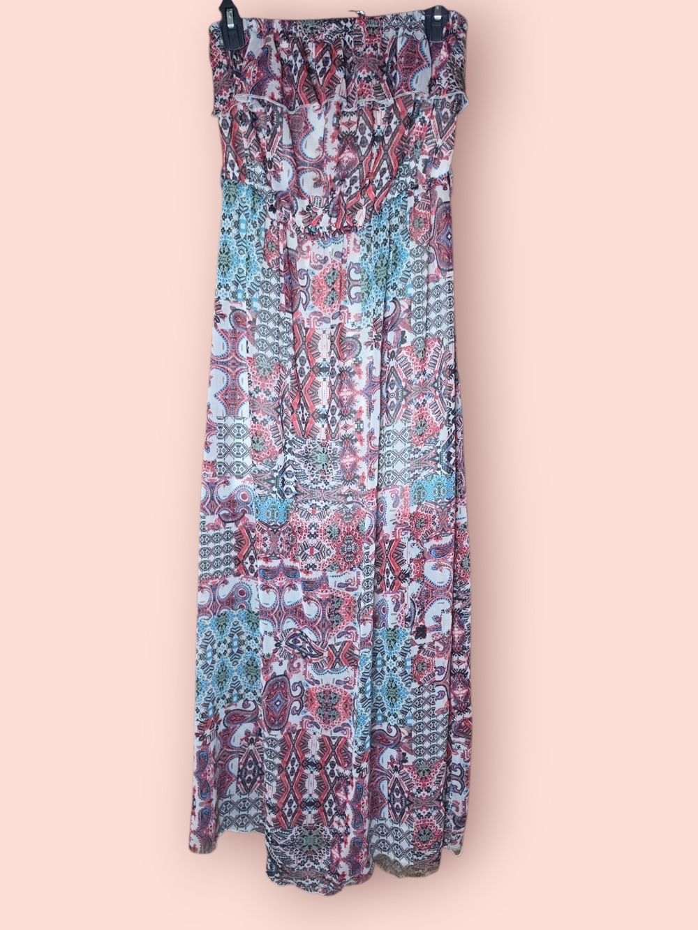 No Boundaries Strapless Patchwork Maxi Dress in Coral & Teal